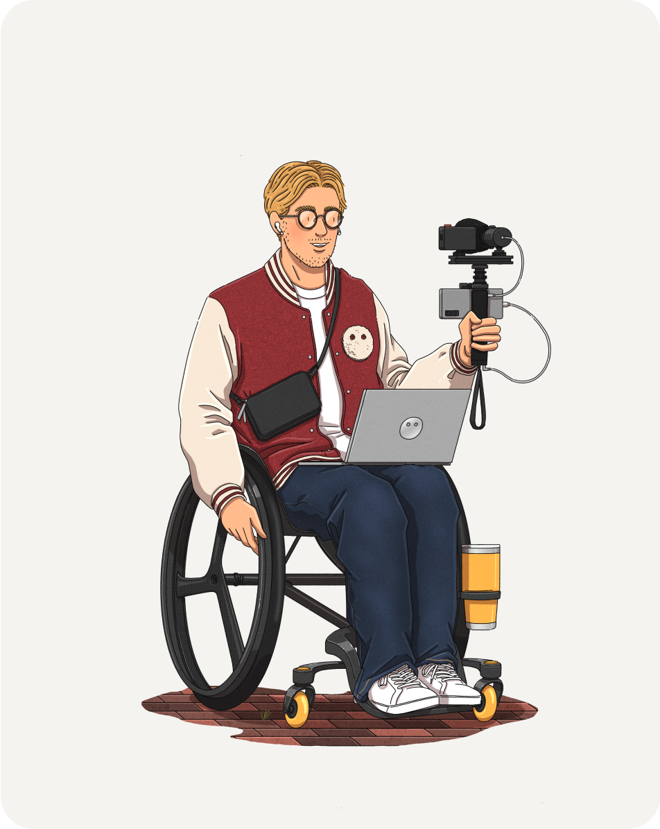 An illustration of a person in a wheelchair, wearing a red vest and glasses, holding a camera on a gimbal in one hand and a laptop on their lap