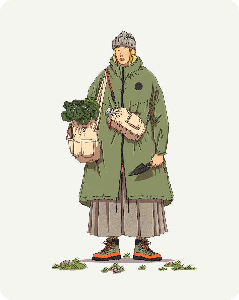 An illustration of a person dressed in a green coat and a gray beanie, standing on a grassy area