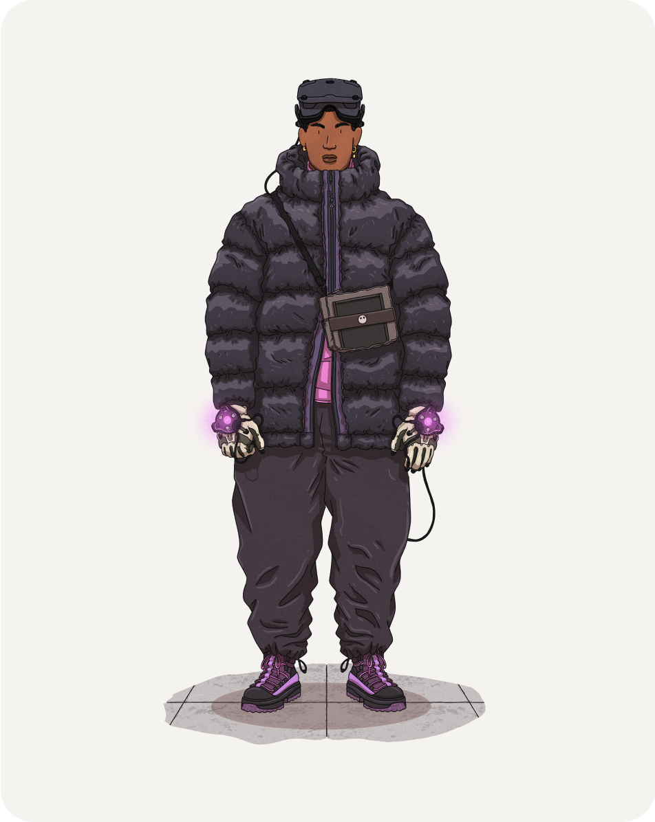 An illustration of a person standing on a sidewalk. The person is wearing a black puffy jacket with a hood, dark pants, and purple sneakers