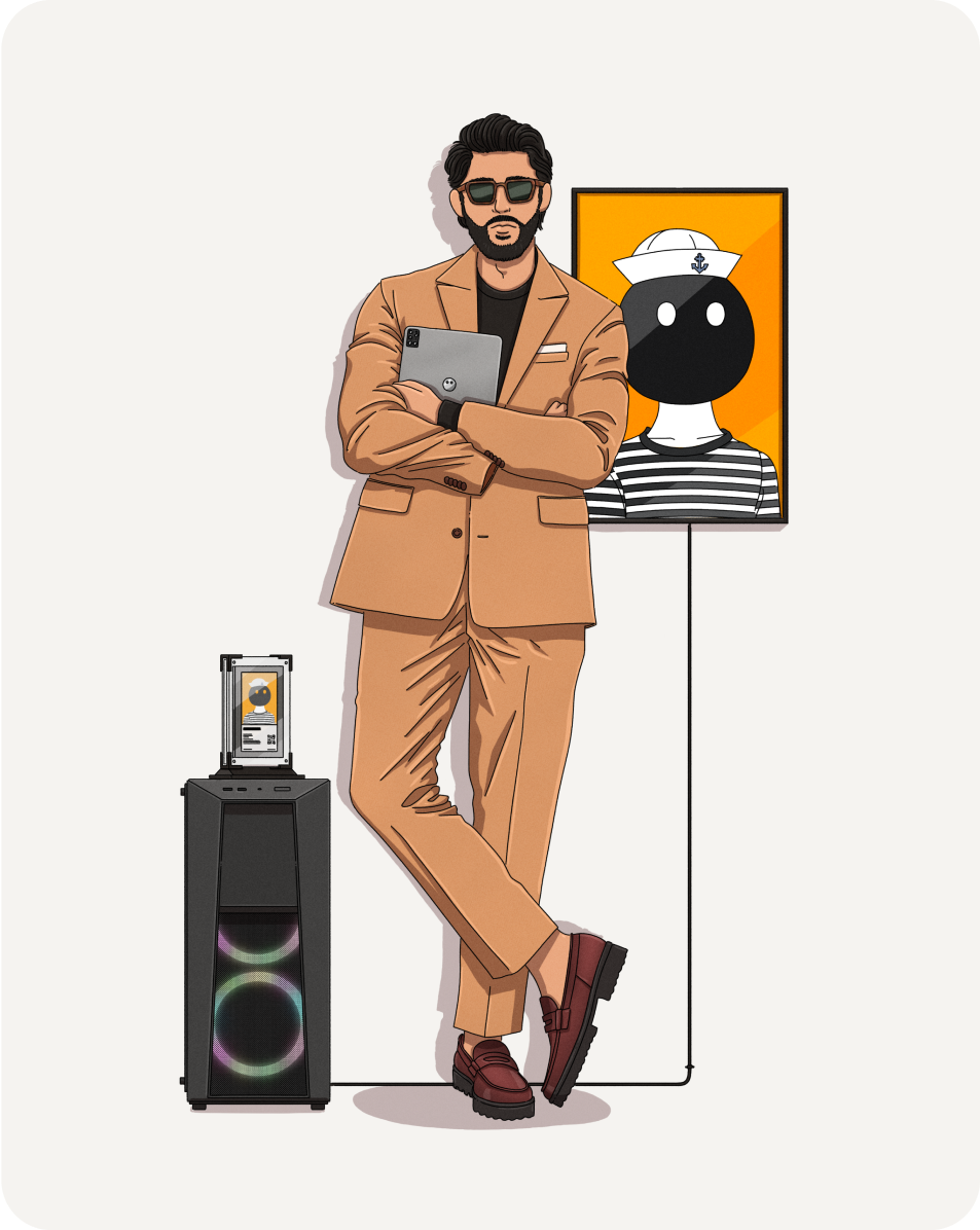 An illustration of a person standing with arms crossed, wearing a light brown suit, white shirt, and dark glasses