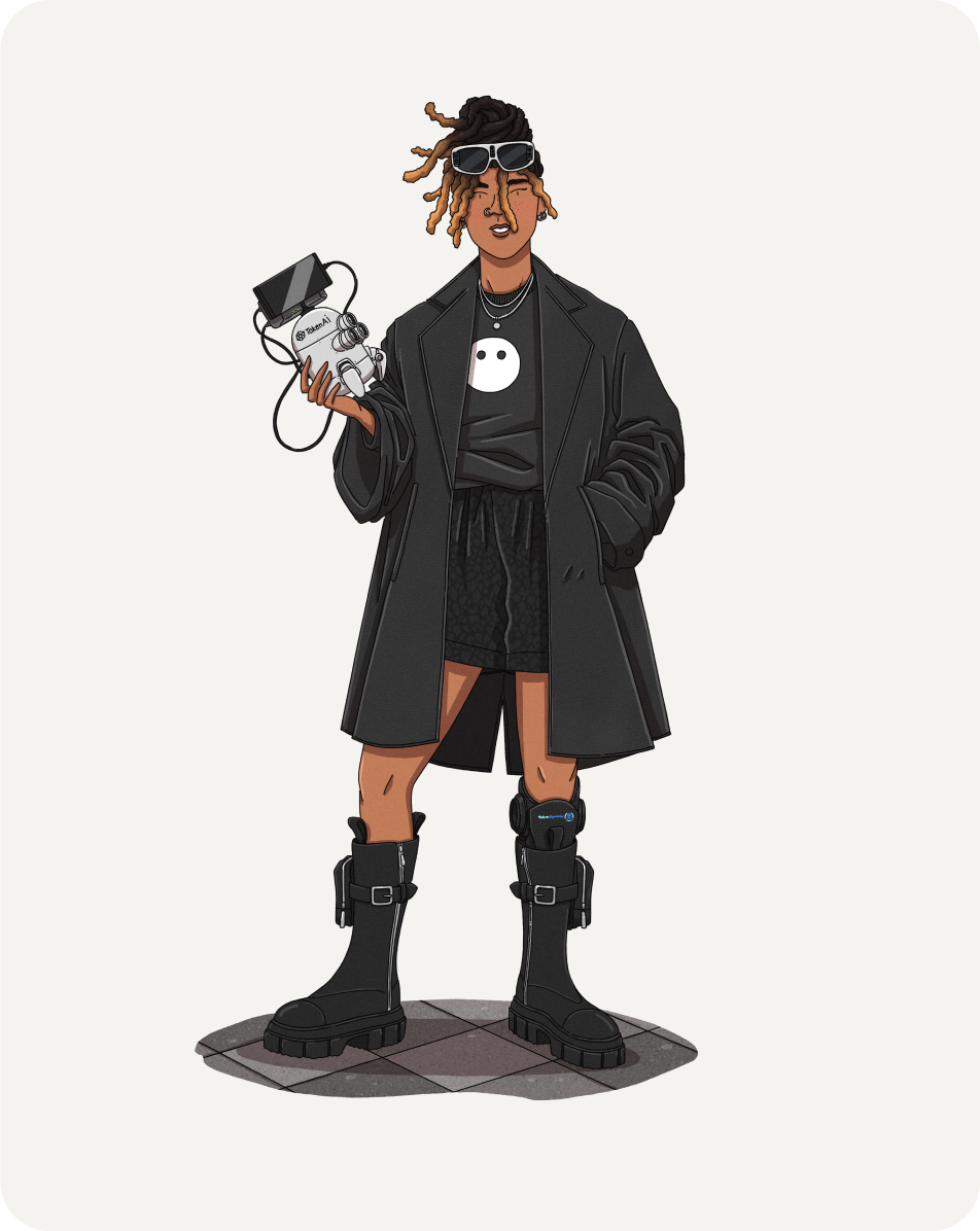 A stylized illustration of an individual wearing a black coat, black shorts, and black boots