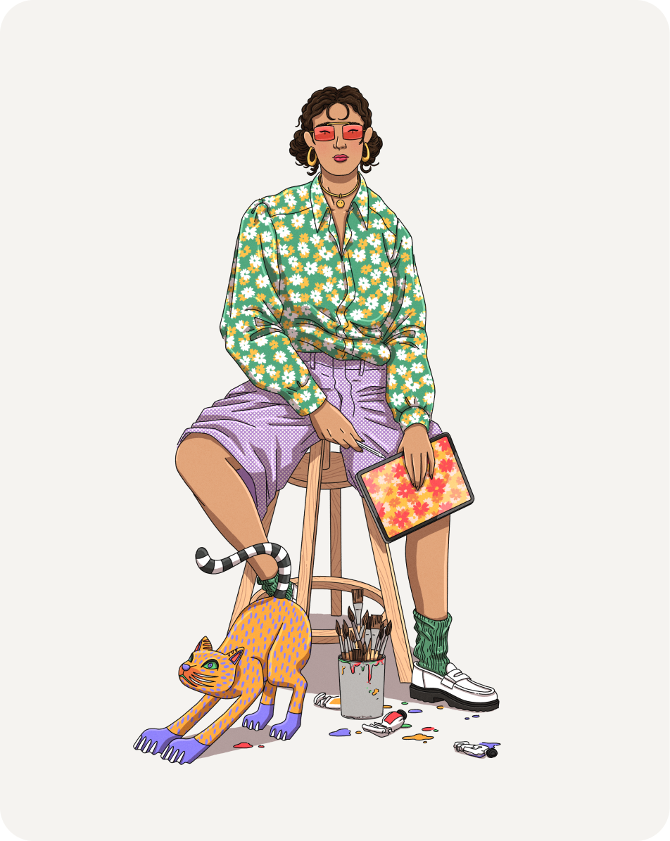 An illustration of a person sitting on a stool with a cat beside them