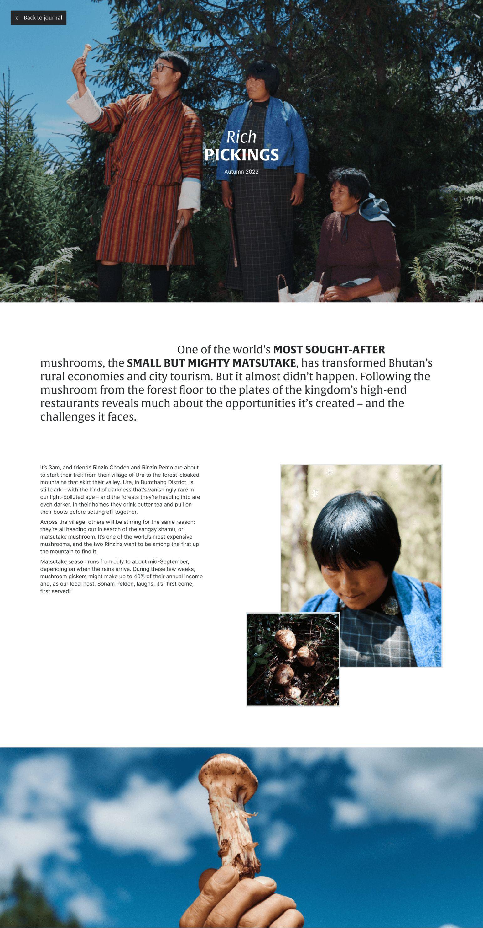 A magazine spread featuring an article about the impact of the Matsutake mushroom on Bhutan's economy