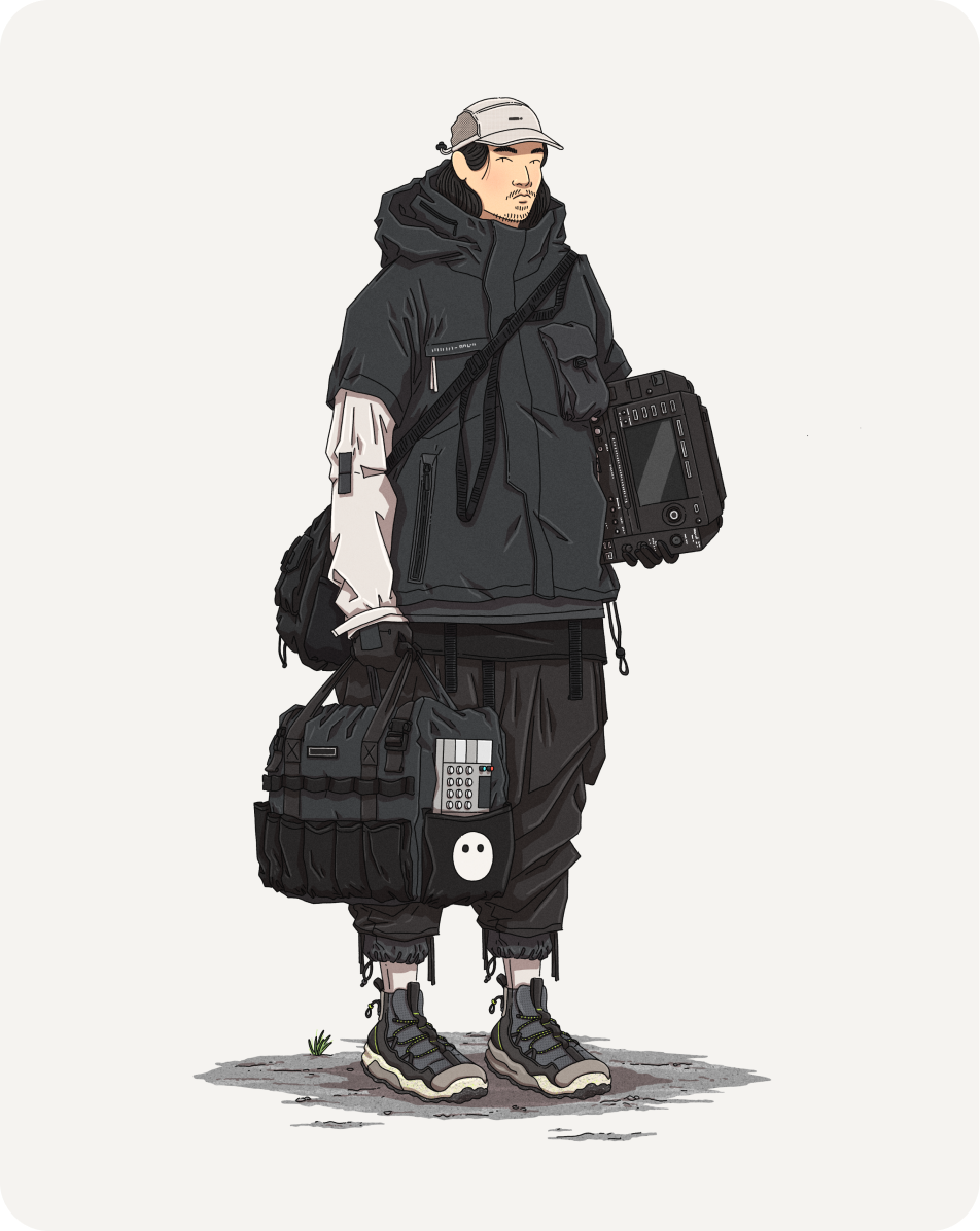 An illustration of a person dressed in dark, tactical-style clothing, including a black jacket with a hood, black pants, and black boots