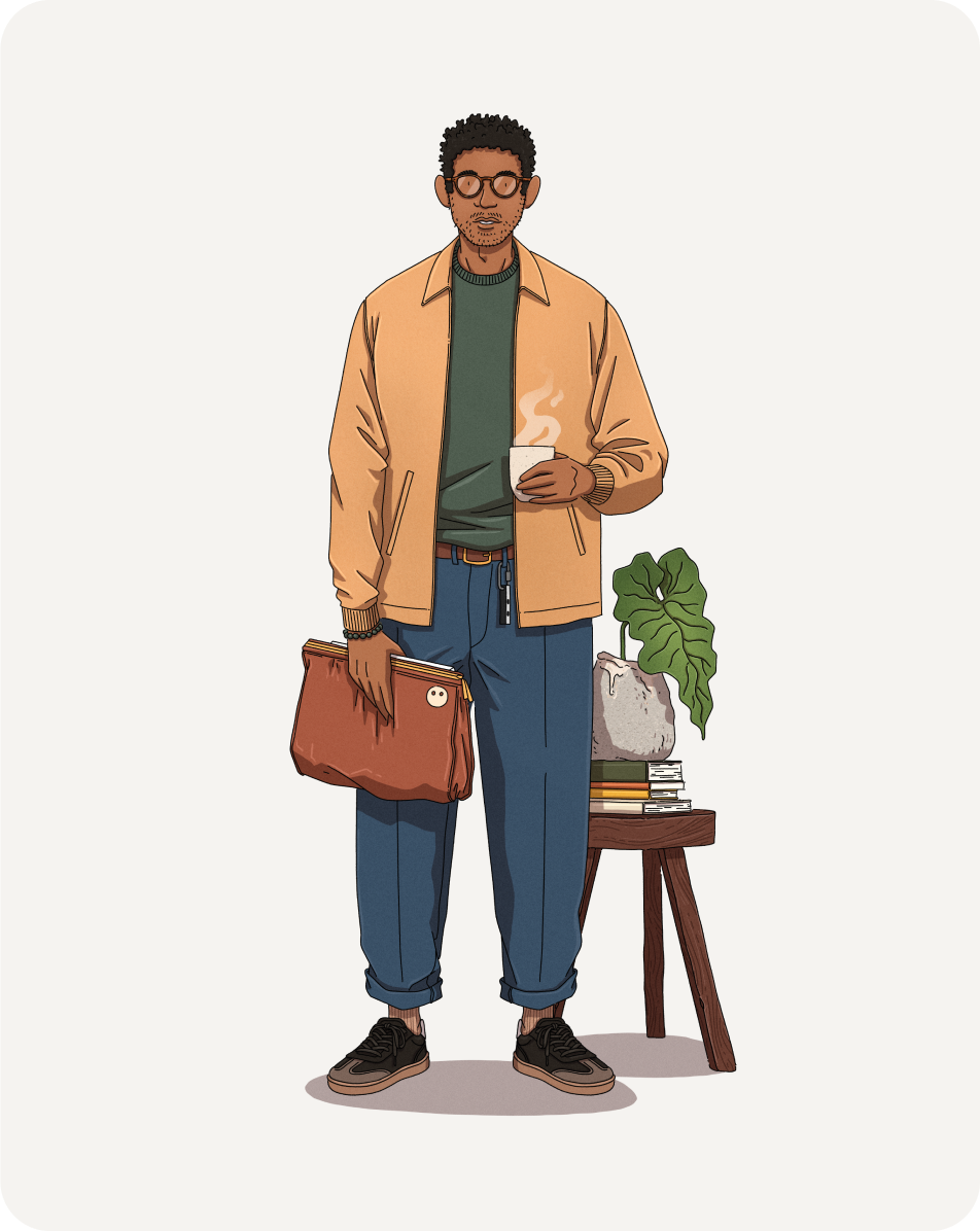 An illustration of a person standing with a cup in one hand and a satchel in the other