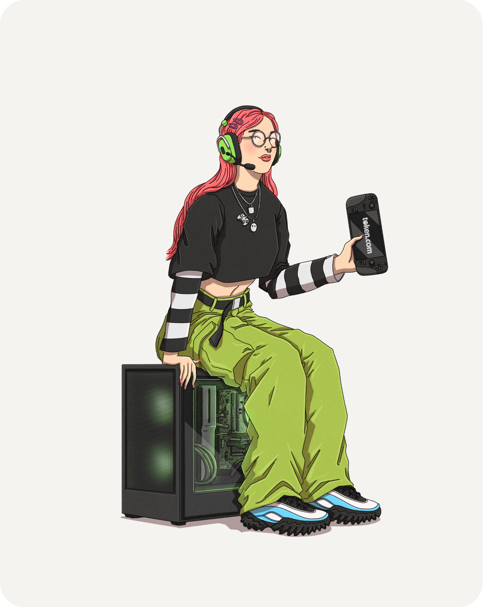 An illustration of a person with red hair wearing a black top, green pants, and colorful sneakers