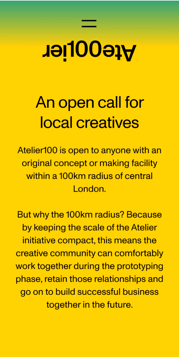 Atelier100 mobile website design showing open call for local creatives