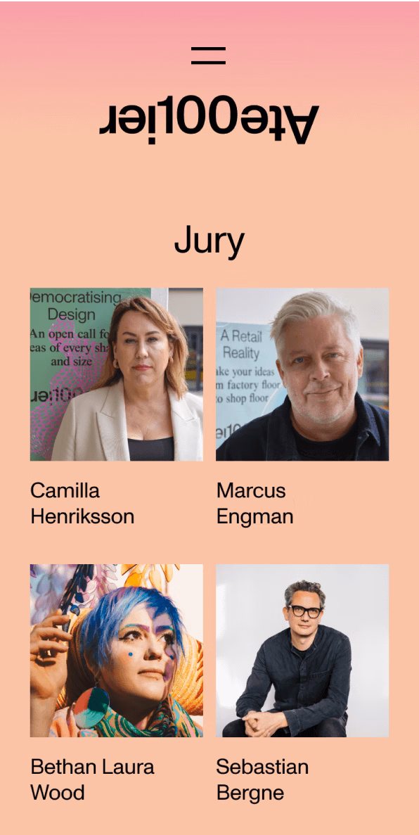 Atelier100 mobile website design showing Atelier100 jury