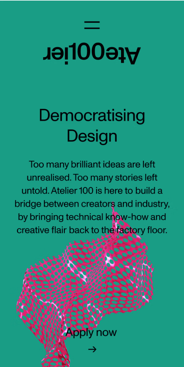 Atelier100 mobile website design showing application page with web animation