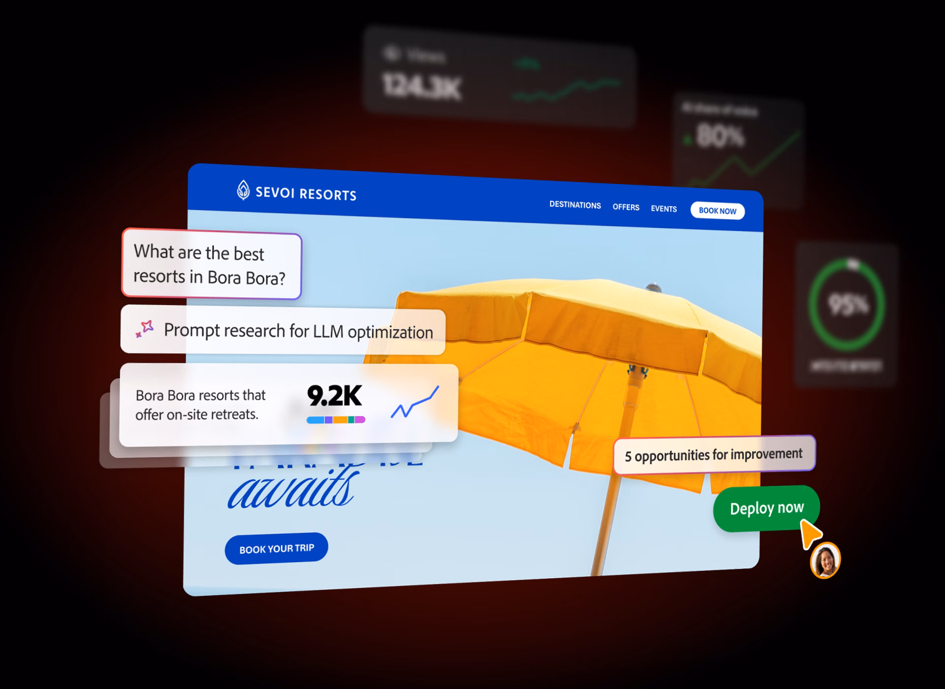 Adobe Brand Visibility: a resort website with the prompt “What are the best resorts in Bora Bora?”, a gap, “5 opportunities for improvement” and a green “Deploy now” button.