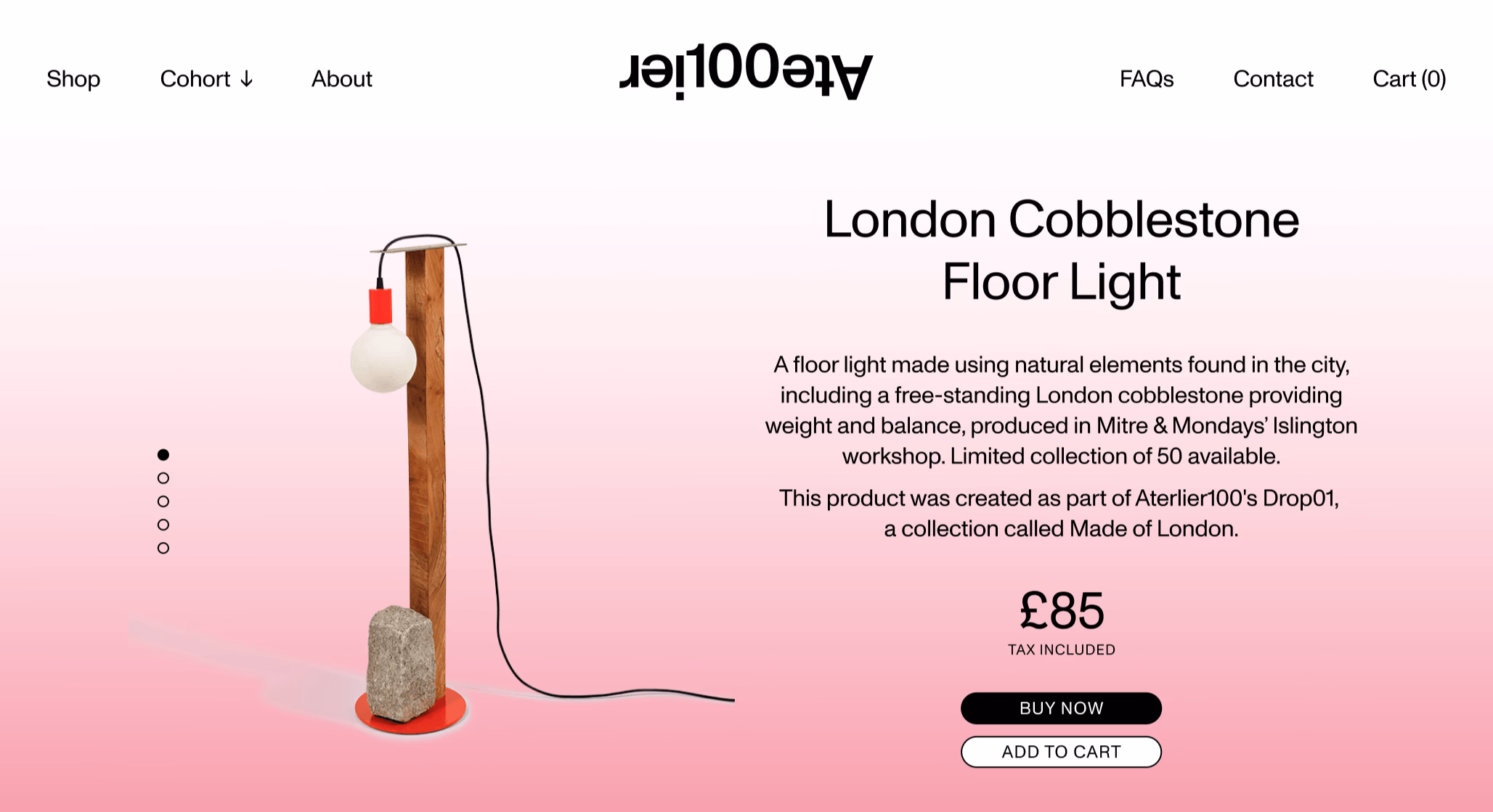 Atelier100 desktop website design showing a product page