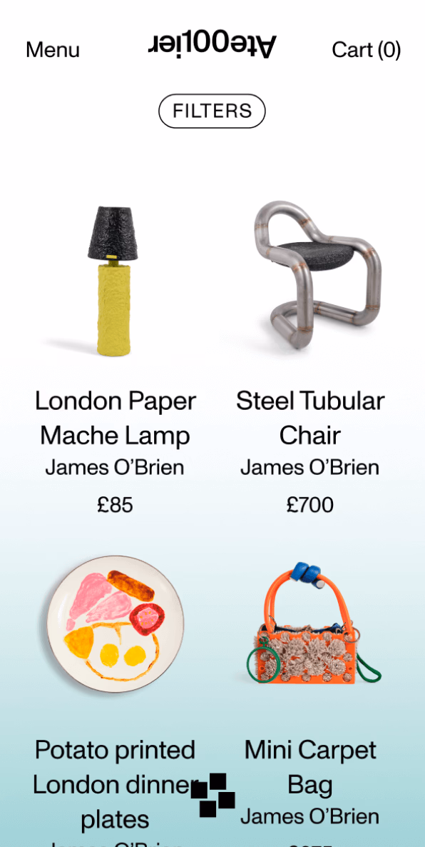 Atelier100 mobile website design showing the product listings