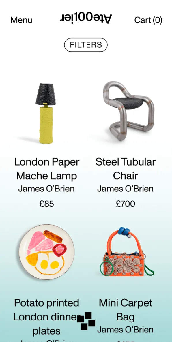 Atelier100 mobile website design showing the product listings