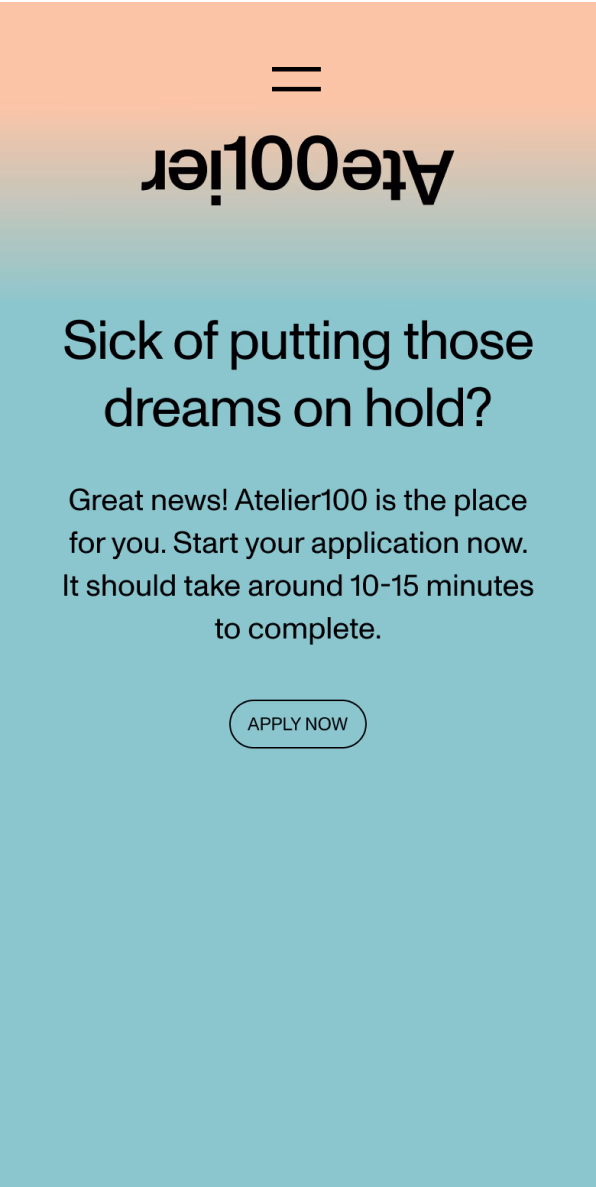 Atelier100 mobile website design showing the application page for local creativies