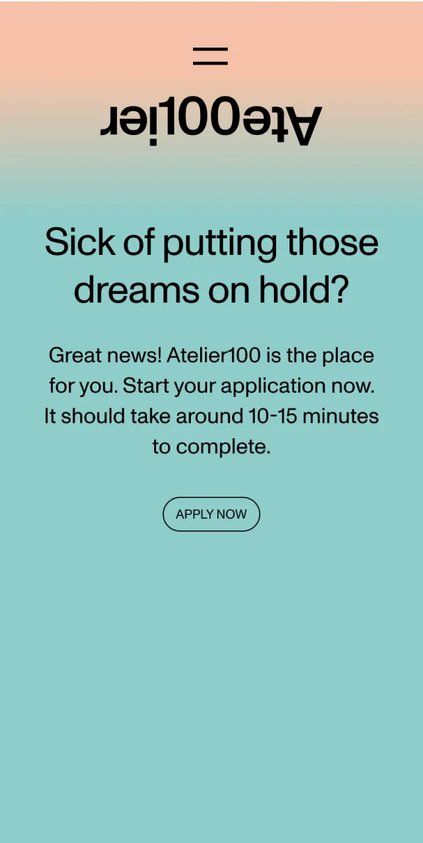 Atelier100 mobile website design showing the application page for local creativies