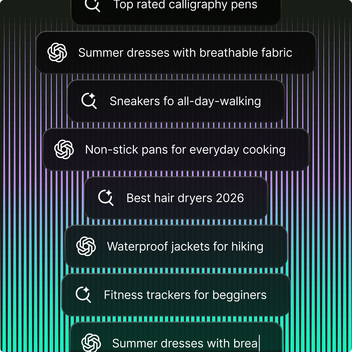 A vertical list of product recommendations with accompanying icons.