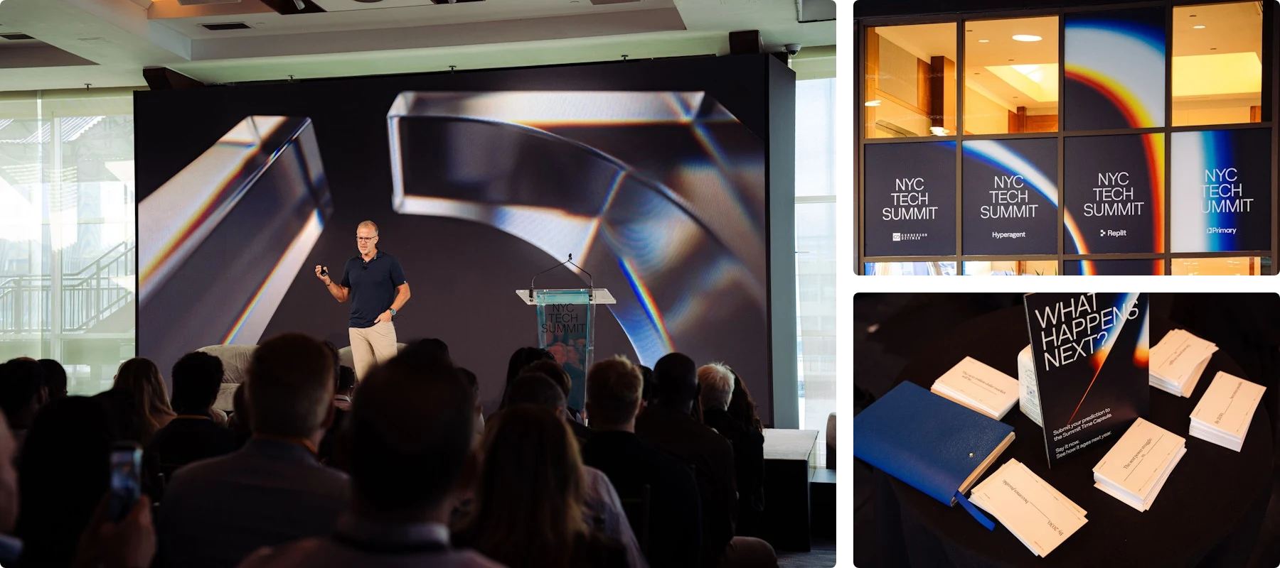 Three photographs from the NYC Tech Summit, showing a speaker on stage in front of a large screen with a prismatic glass shape, the summit’s posters in the venue windows, and a “What happens next?” card standing among stacks of prediction cards.