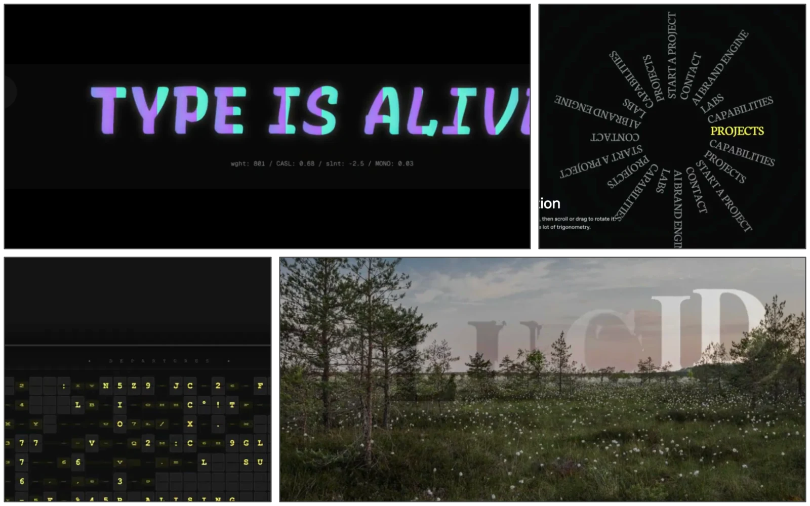A four-panel grid of more prototypes from the session: glowing "type is alive" variable-font text, a radial 3D navigation dial, a split-flap departures board, and ghosted type set over a landscape photo