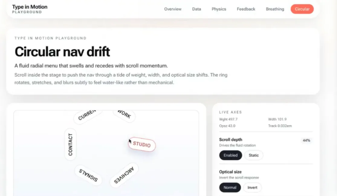 A radial "Circular nav drift" menu beside live variable-font controls for weight, width and optical size