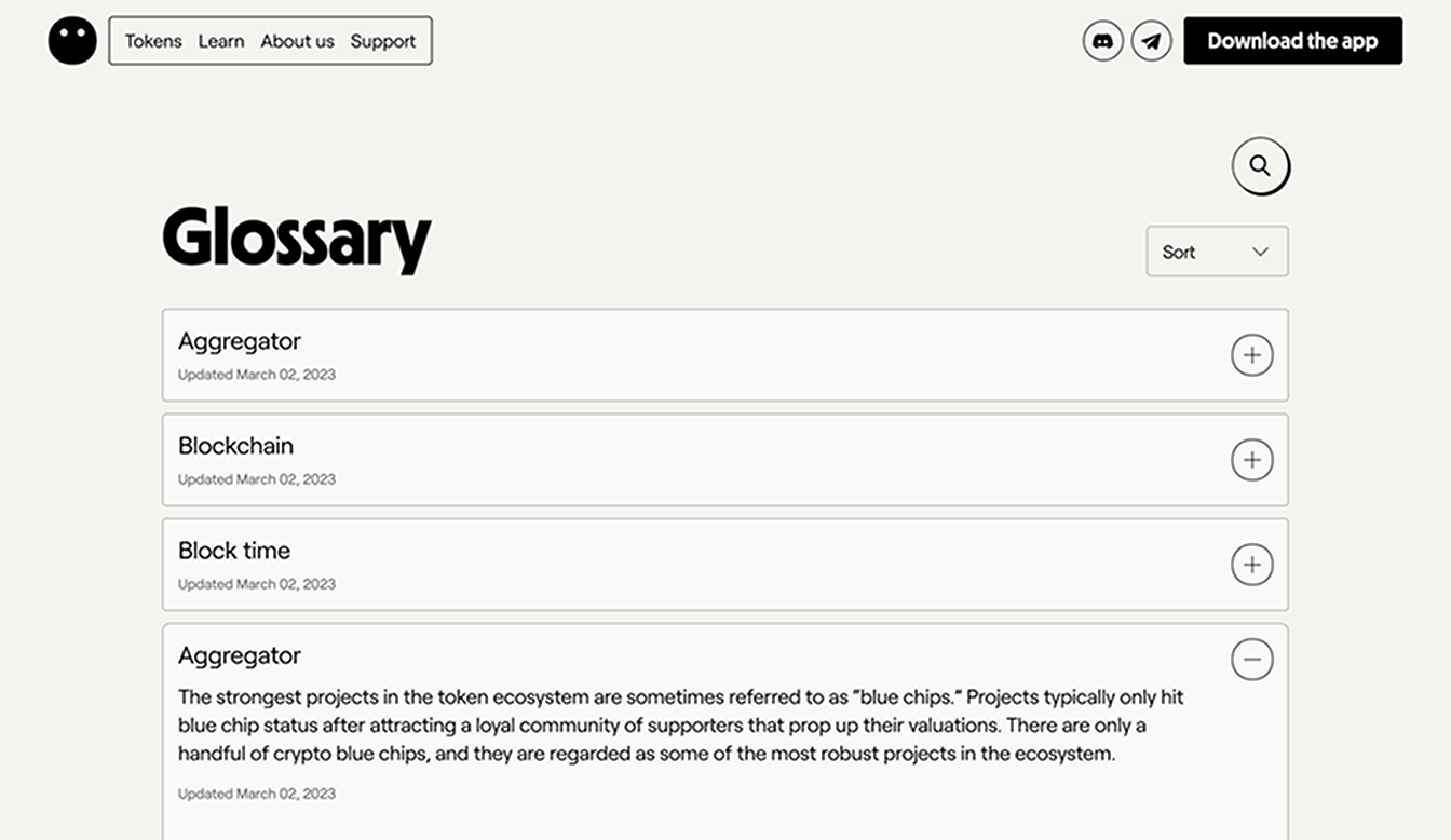 Token learning platform glossary interface